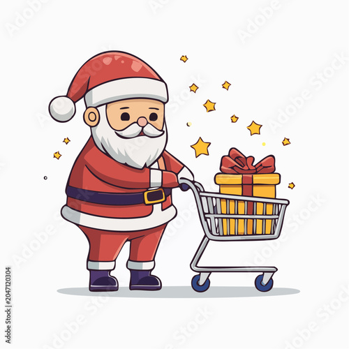 Cartoon Santa Claus pushing a shopping cart with a gift