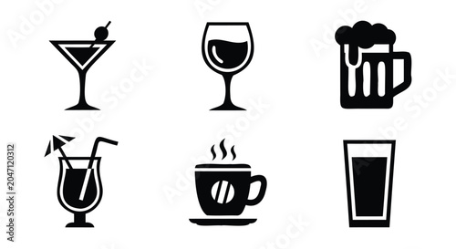 Six Black Drink Icons on White Background beverage