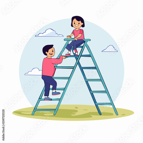 Children climbing a ladder outdoors with clouds in the background