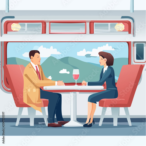 Couple enjoying wine on a train journey with scenic mountain view