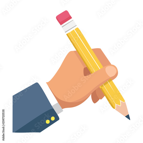 Hand in suit holding a yellow pencil with eraser