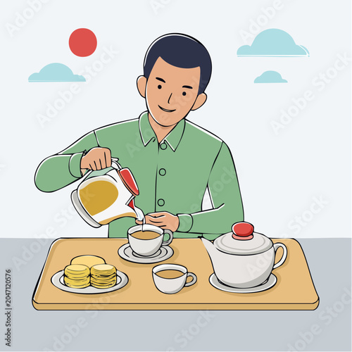 Man pouring tea from a teapot into a cup, with cookies on a tray