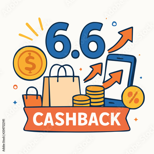 6.6 cashback shopping illustration with coins and phone