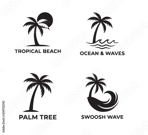Elegant tropical beach and palm tree silhouette icon collection, perfect for summer vacation, exotic island getaways, and serene coastal travel design concepts