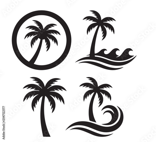 Striking graphic collection featuring stylized tropical palm trees and ocean waves, ideal for summer, beach, and travel branding projects