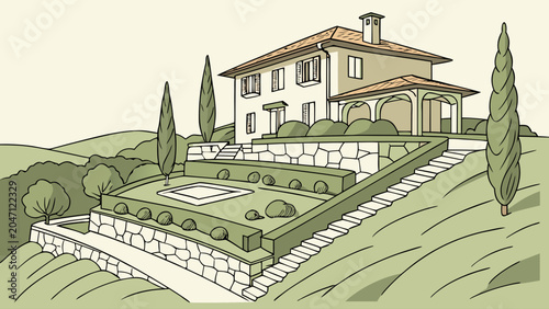 Foto Classic mediterranean style house on terraced hillside illustration