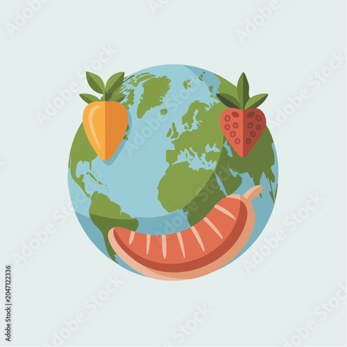 Colorful illustration of globe with fruit around it