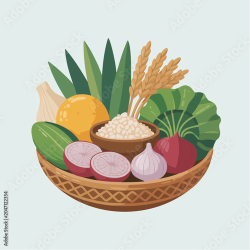 Colorful illustration of fresh vegetables and grains in wicker basket