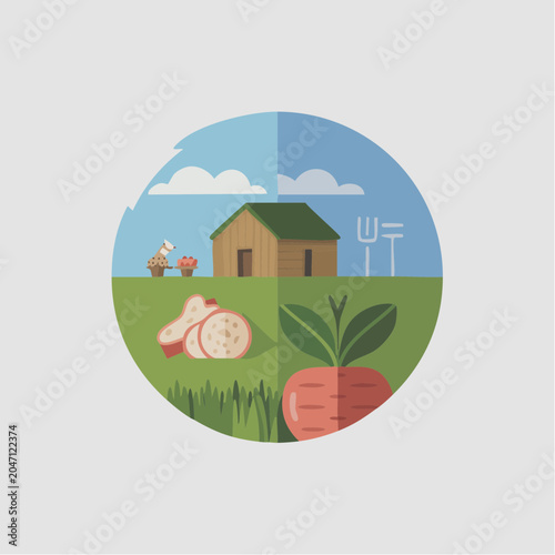 Farm fresh produce illustration with house and wind turbines