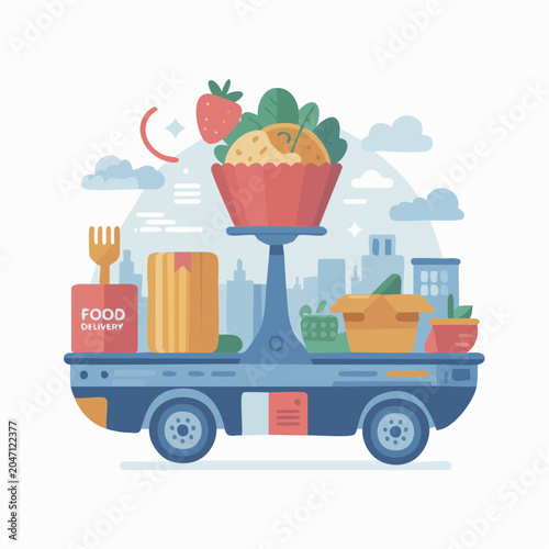 Colorful flat illustration of grocery cart with healthy food and city 