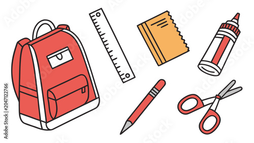 School stationery supplies set featuring backpack ruler notebook glue