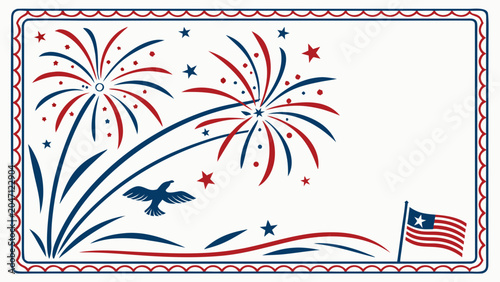 Patriotic fireworks display illustration with american flag and bird silhouette