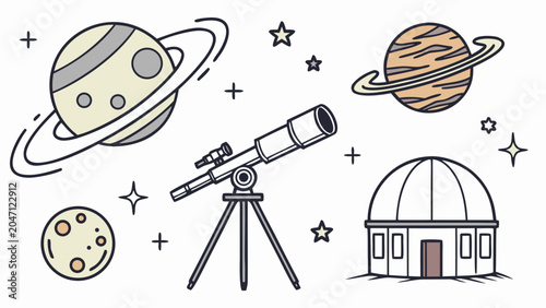 Astronomy and space exploration graphic with planets and observatory, astronomy
