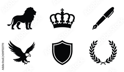Fotografie Royal Heraldic Symbols Vector Icons: Lion, Crown, Eagle, Shield, Pen, Laurel Wre