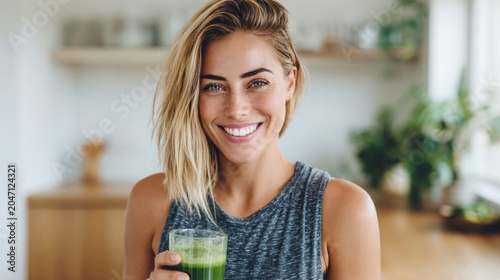 beautiful woman smiling and holding a green smoothie in a bright kitchen