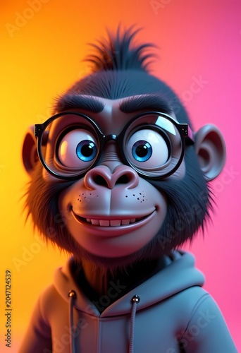 Cute 3D cartoon monkey character wearing glasses and a grey hoodie