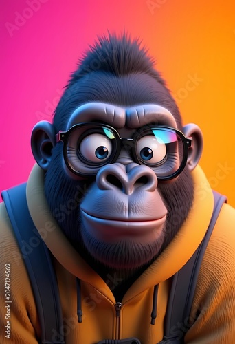 Funny 3D cartoon gorilla character wearing thick black glasses and yellow hoodie jacket, cool monkey avatar on pink and orange background