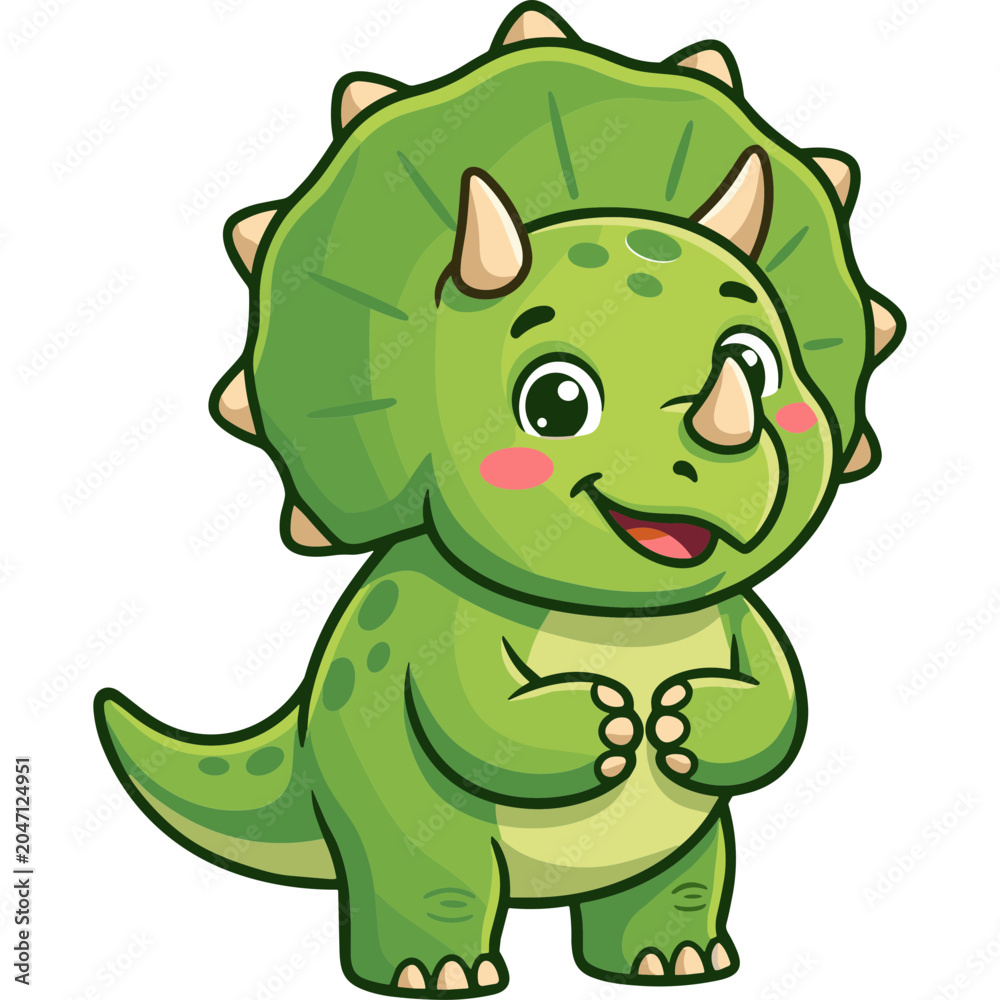 Fototapeta premium A cute cartoon dinosaur with green scales and spiky back stands happily
