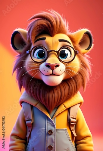Cute 3D animated lion character wearing round glasses and a blue hoodie, smart hipster animal avatar on vibrant gradient background
