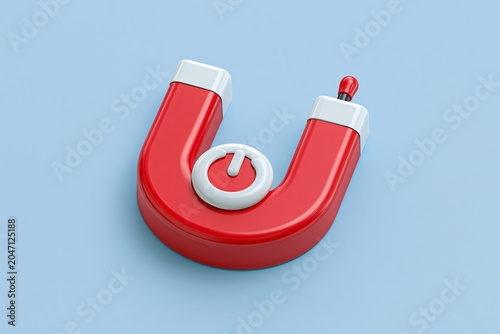 Plakat w ramie Magnetism, magnetize, marketing and business online strategy concept. 3d vector icon. Cartoon minimal style. Red horseshoe magnet with magnetic power sign on background. 3D icon free to edit.