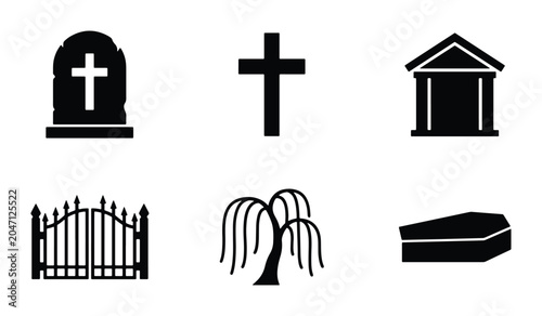 Fotografía Funeral Icons Set: Gravestone, Cross, Mausoleum, Gate, Willow Tree, Coffin Vecto