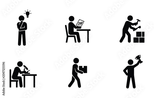 Foto Stick Figure Icons: Idea, Study, Build, Science, Delivery, Success, Business Con