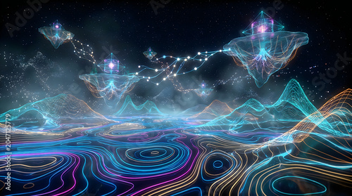 Abstract digital network landscape with glowing data lines and topographic contour map lines on a dark background