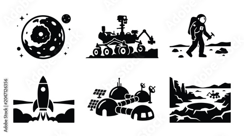 Foto Space Exploration Icons: Rocket, Astronaut, Moon, Rover, Colony, Planets, Vector