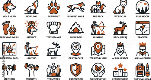 Photos Wolf Hunting And Wilderness Icons In A Flat Vector Illustration Style