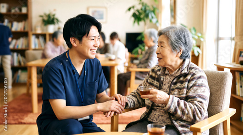 笑顔で高齢者に寄り添う介護士