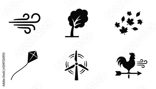 Foto Wind Icons Set: Weather, Nature, Energy, Kite, Rooster, Tree, Leaves
