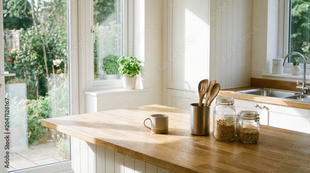 Fototapeta premium Bright and Airy Kitchen Interior with Wooden Countertop and Natural Light.