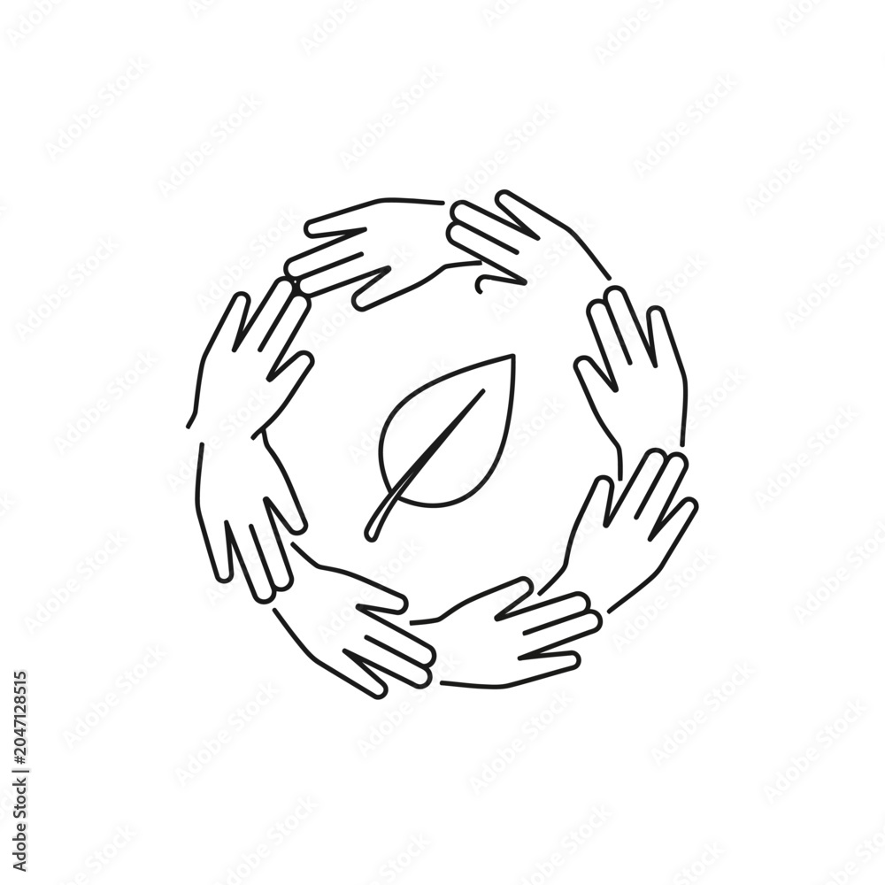 Obraz premium Circular arrangement of hands protecting a central leaf.
