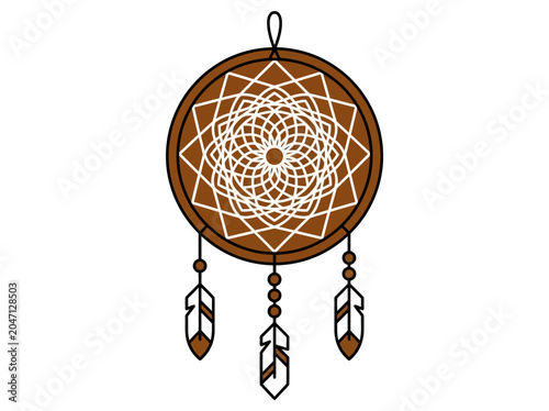 Brown dreamcatcher with white web and feathers hanging on a loop against a white background.