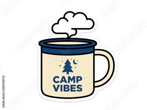 Illustration of a beige and blue camping mug with a tree and moon design and the words 'CAMP VIBES' on a plain white background.