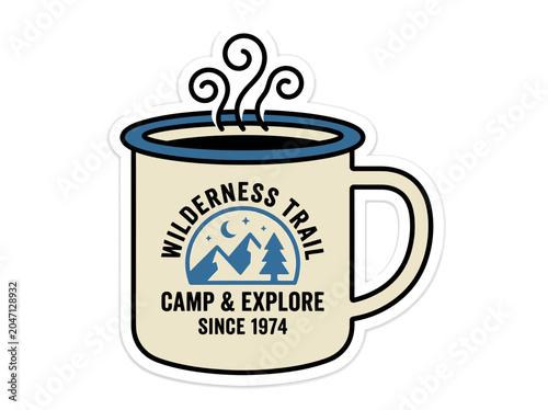 Illustration of a beige Wilderness Trail Camp & Explore mug with blue trim and steam on a white background.