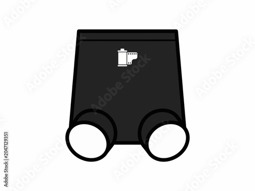 Flat design illustration of a black binoculars with a white logo on a plain white background.