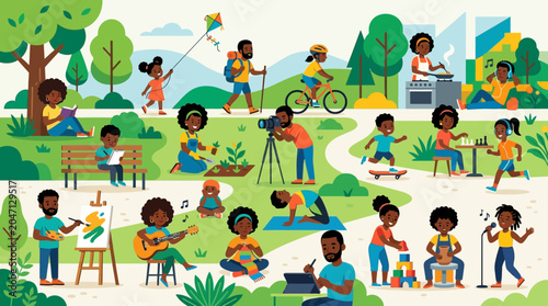 Diverse group of people enjoying leisure activities in a park