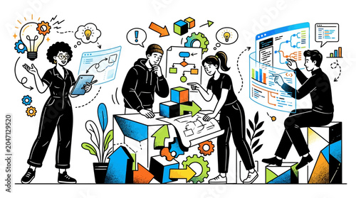 Four people brainstorming and working together on a project with charts and graphs