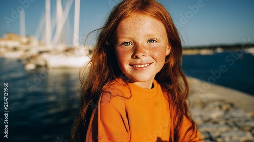 A cheerful red-haired girl in an orange top smiles warmly by the marina during sunset, with sailboats in the background.