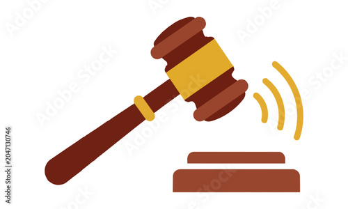 Judge gavel striking a sound block icon with minimalist silhouette and mahogany gold color scheme, legal and justice concept