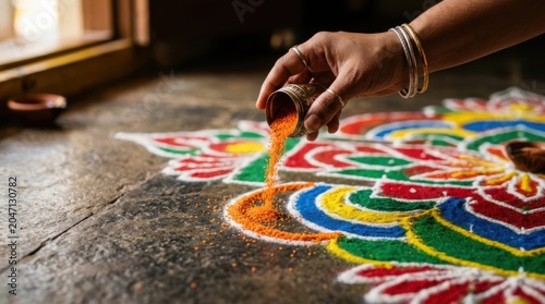 Rangoli Colorful Design Traditional Indian Festival Floor Art Close Up