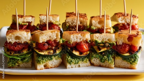 Colorful vegetable skewers with grilled zucchini, cherry tomatoes, pesto, and bread, perfect for party appetizers or snacks.
