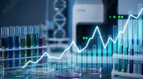 Scientific research laboratory with glass test tubes and analytical financial growth charts, biotechnology business, pharmaceutical investment, laboratory innovation and data analysis concept.