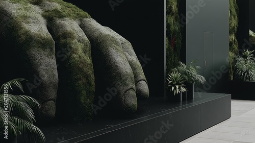 A massive stone fingertip sculpture with moss accents in a sleek, modern interior surrounded by lush green plants.