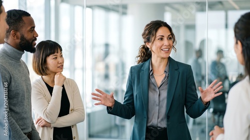 Confident professional businesswoman leading a creative meeting with diverse colleagues in a modern office, dynamic communication and teamwork, corporate leadership and business strategy concept.