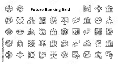 Foto Future Banking Grid: Digital Finance Icons, Fintech Network, Financial Technolog