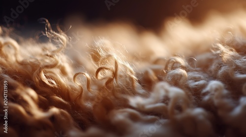 Close-up of curly wool fibers glowing warmly under soft sunlight, highlighting texture and natural comfort.
