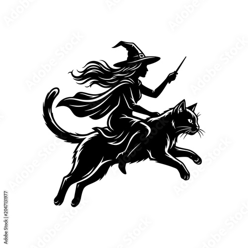 Tableau sur toile Silhouette of a female witch riding a black cat with a wand