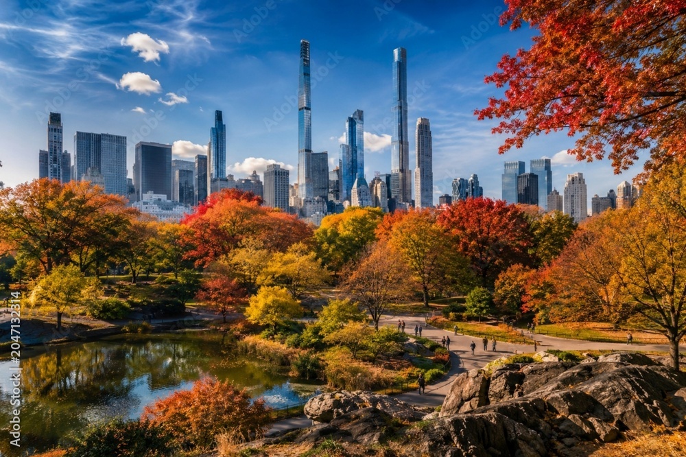 Fototapeta premium Beautiful autumn foliage in Central Park with Manhattan skyline and yellow cab, New York City